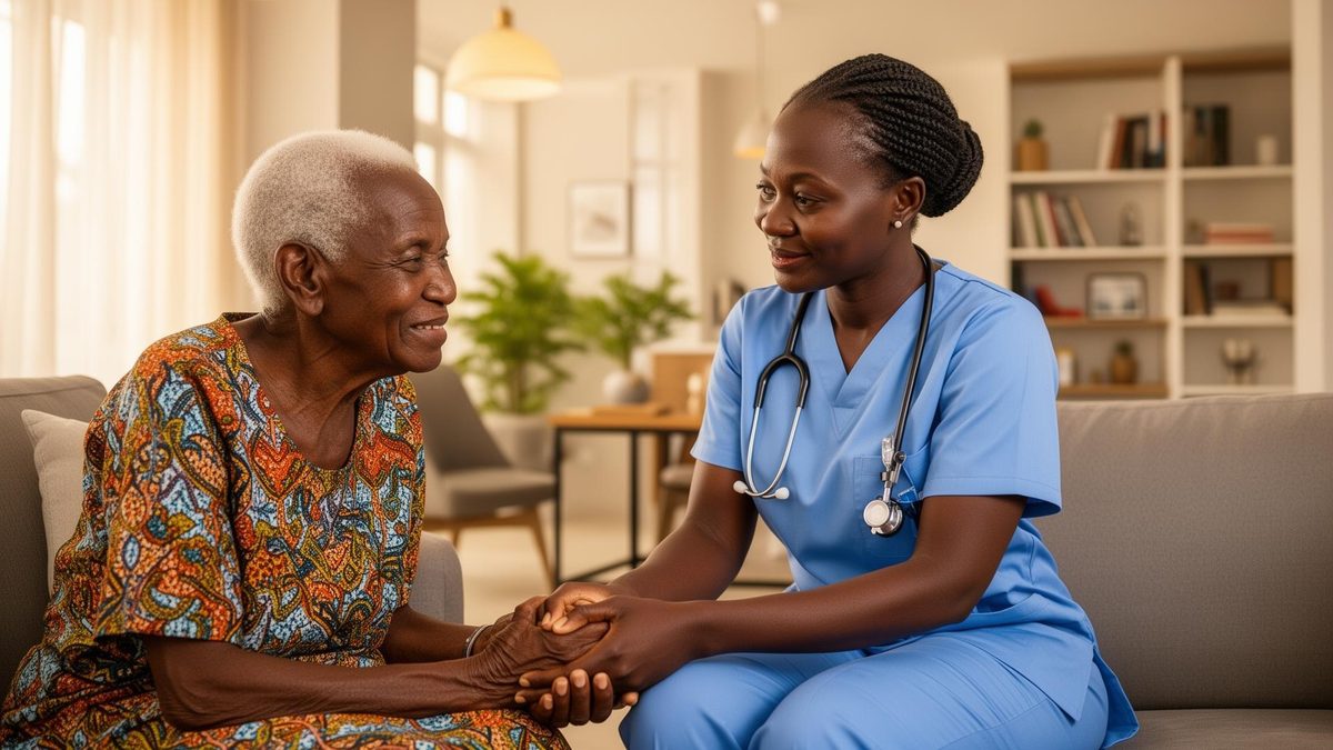 A caregiver in blue scrubs holding the hands of a smiling older woman in a living room